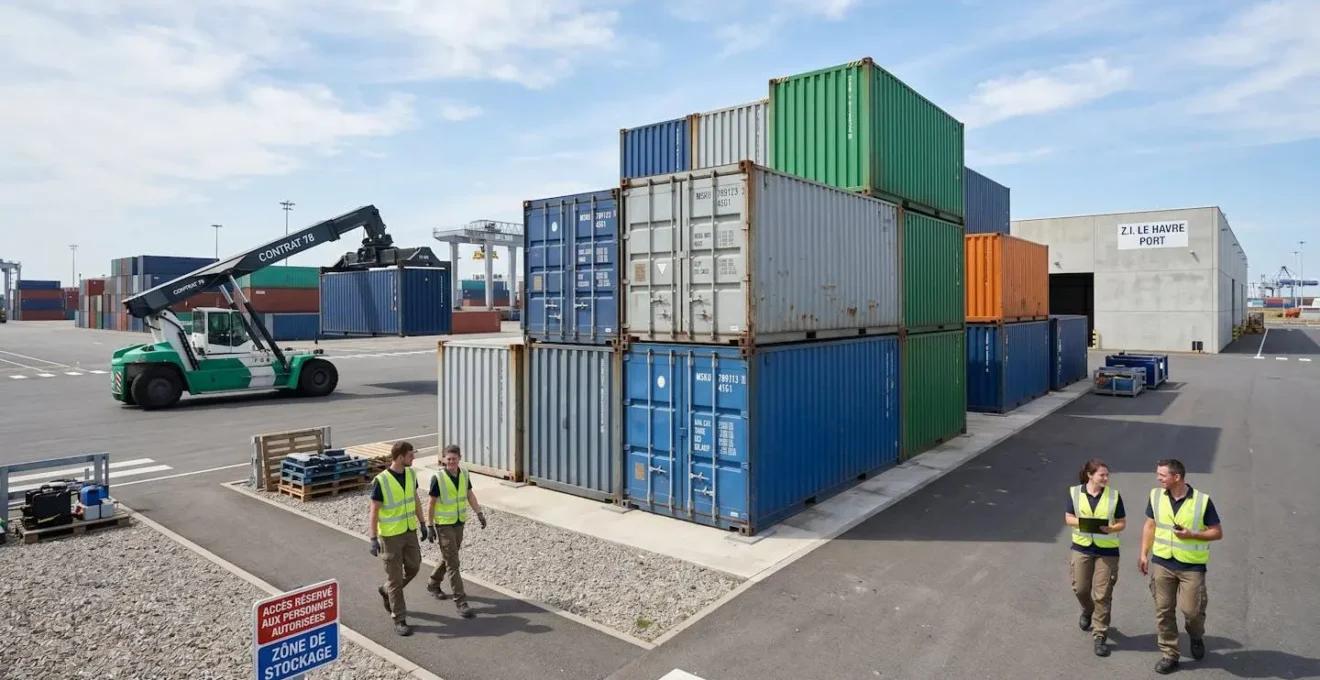 Containers maritimes de différentes hauteurs alignés dans une zone de stockage industriel contemporaine