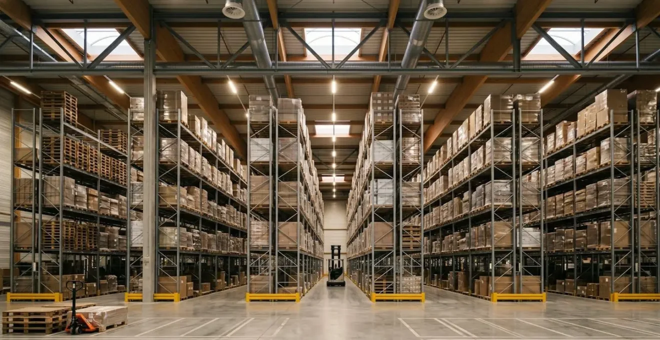 Entrepôt logistique moderne optimisé avec rayonnages haute densité exploitant la hauteur sous plafond