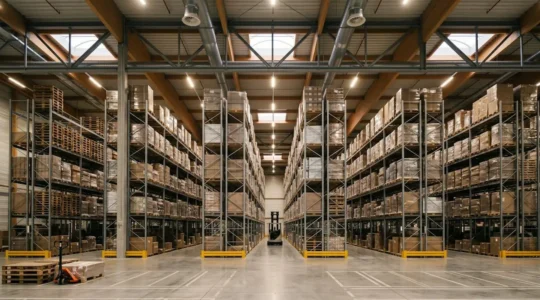 Entrepôt logistique moderne optimisé avec rayonnages haute densité exploitant la hauteur sous plafond