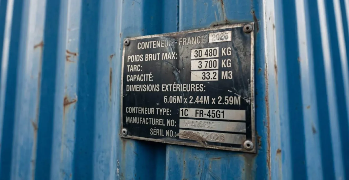 Plaque de spécifications ISO sur la paroi métallique d'un container maritime avec codes de dimensions