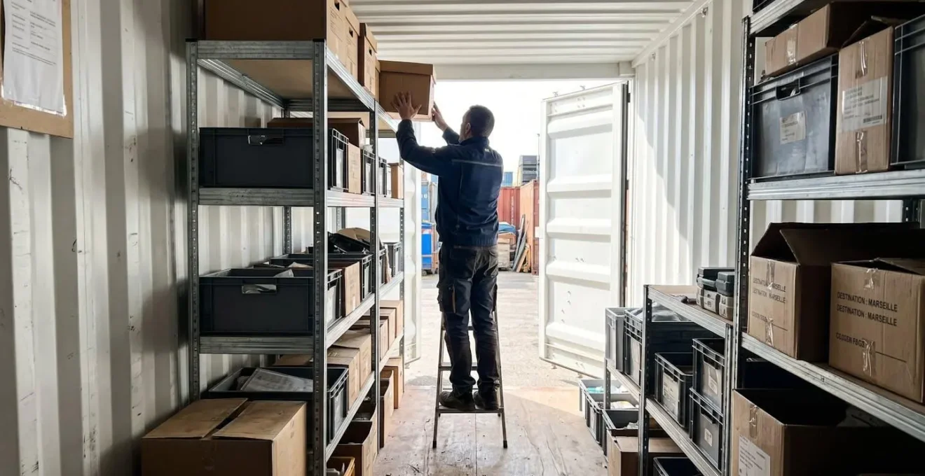 Professionnel de dos rangeant des cartons en hauteur sur des étagères à l'intérieur d'un container de stockage