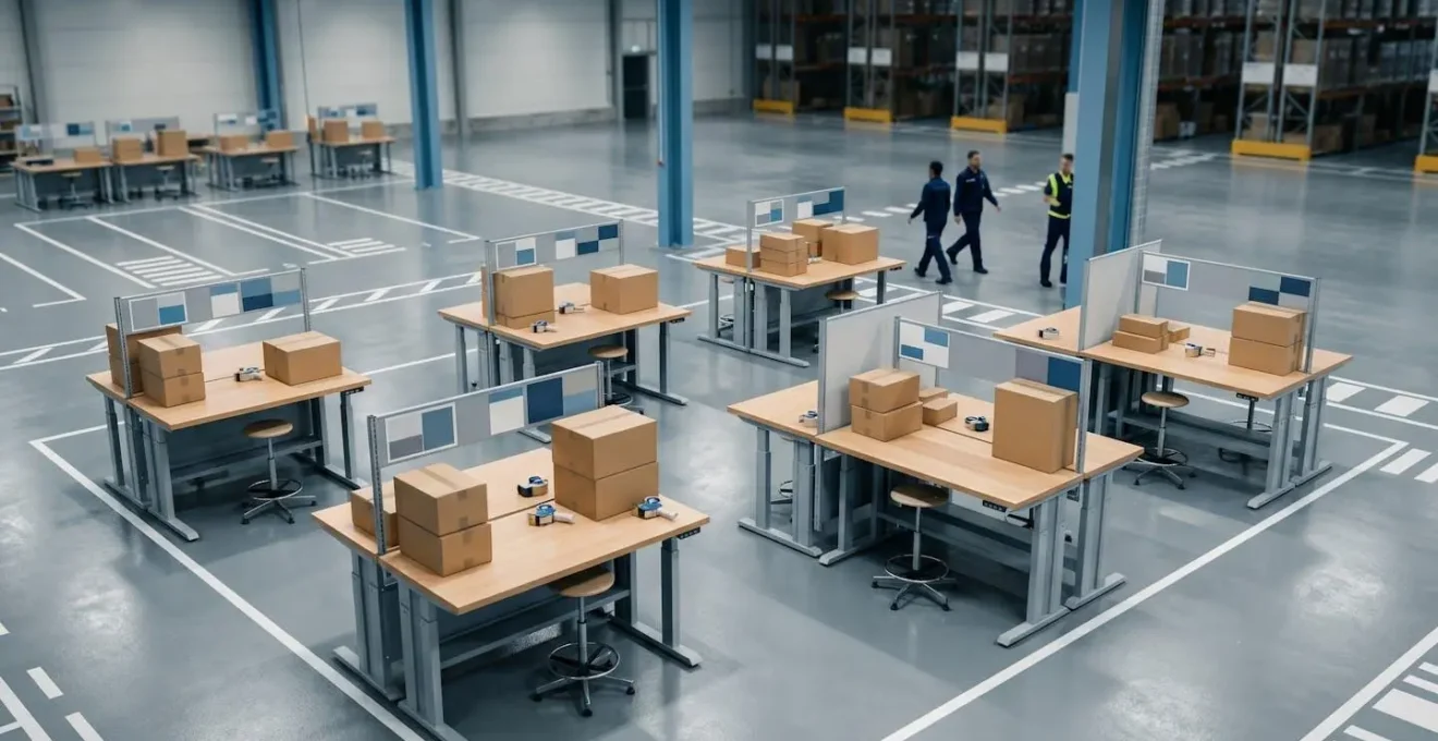 Vue d'ensemble d'une zone de préparation de commandes dans un entrepôt moderne avec espacement ergonomique