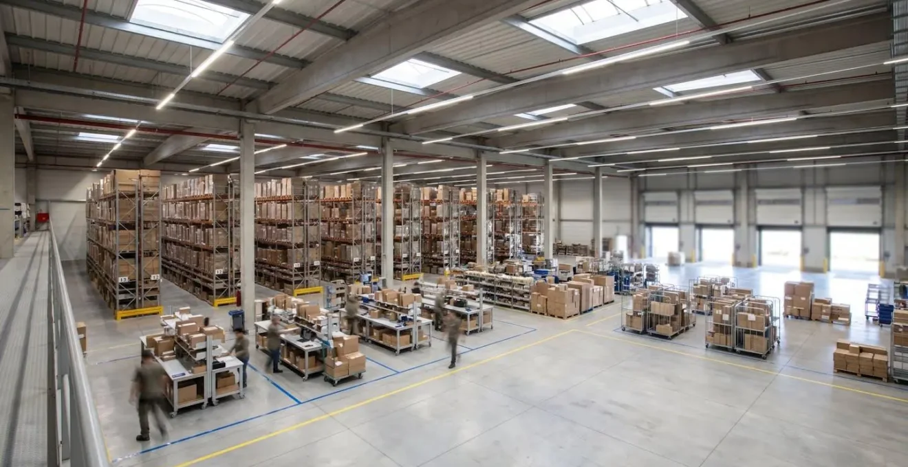 Entrepôt logistique moderne optimisé avec flux de préparation de commandes efficace