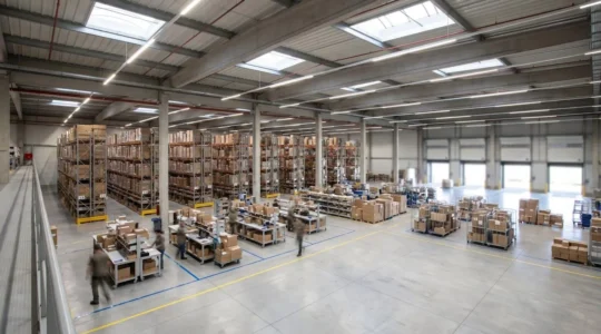Entrepôt logistique moderne optimisé avec flux de préparation de commandes efficace