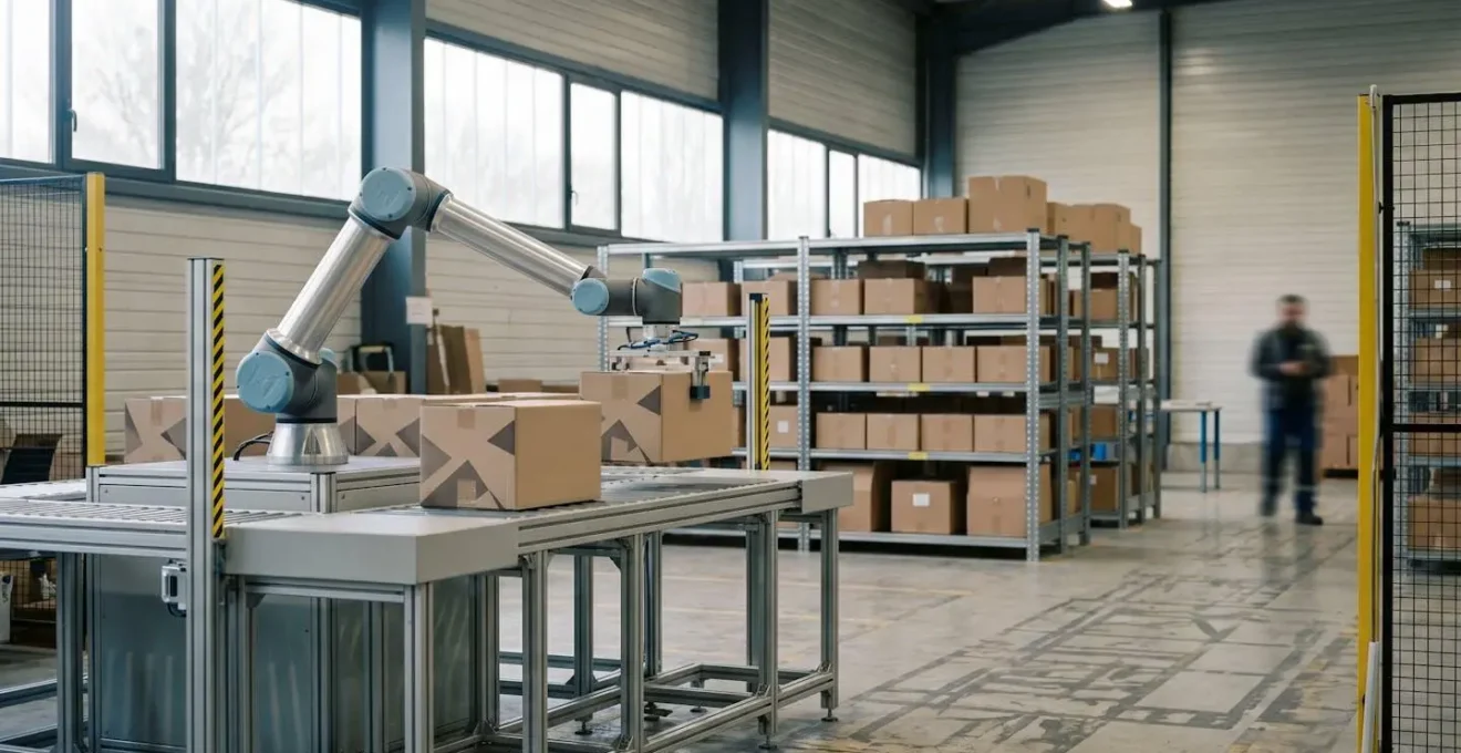 Bras robotique collaboratif manipulant des colis dans un entrepôt logistique moderne aux teintes industrielles françaises