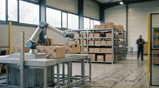 Bras robotique collaboratif manipulant des colis dans un entrepôt logistique moderne aux teintes industrielles françaises