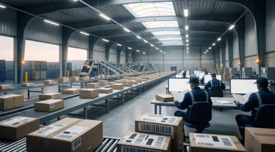 Inspection de colis internationaux en centre de dédouanement avec scanner de sécurité et documentation douanière