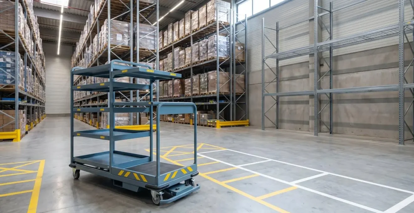 Chariot préparateur de commandes moderne dans un entrepôt logistique français avec opérateur équipé de terminal RF