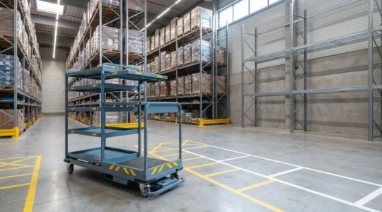 Chariot préparateur de commandes moderne dans un entrepôt logistique français avec opérateur équipé de terminal RF