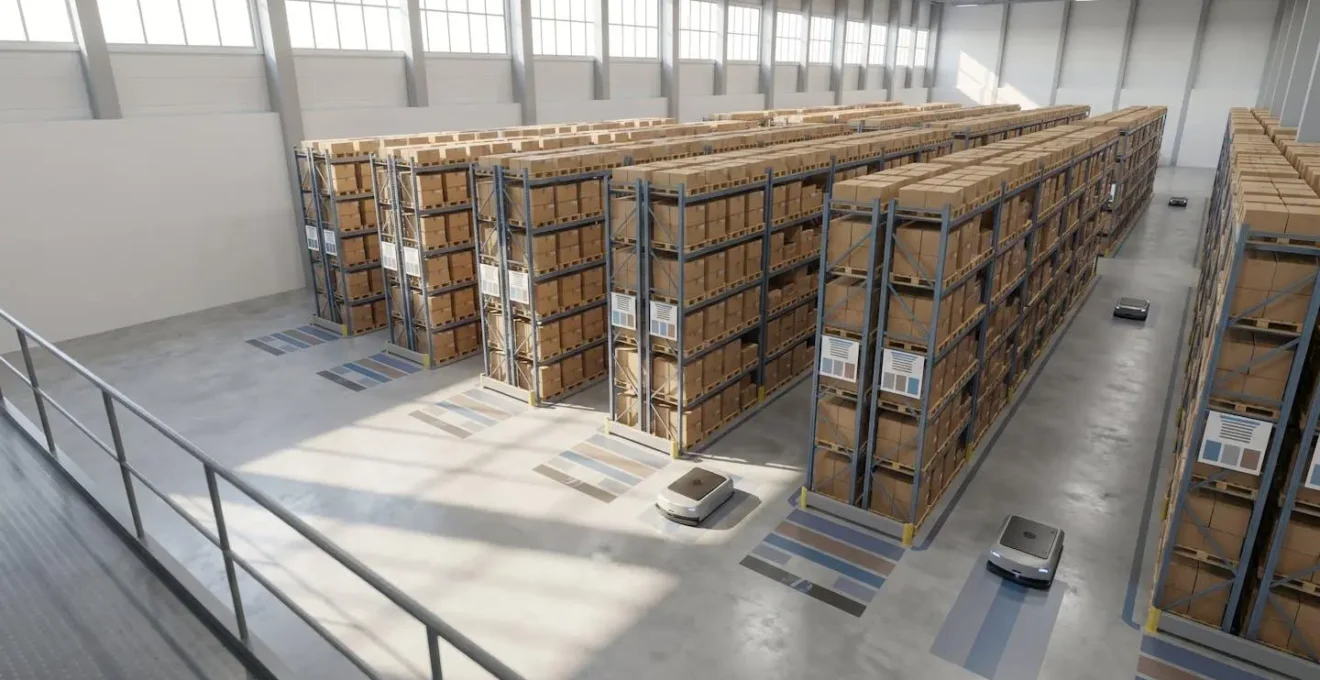 Vue d'ensemble d'un entrepôt logistique moderne avec flux de marchandises organisés