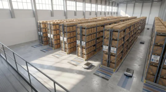 Vue d'ensemble d'un entrepôt logistique moderne avec flux de marchandises organisés