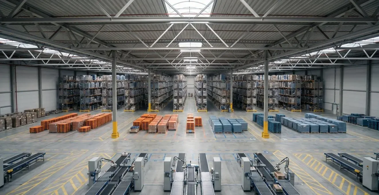 Entrepôt logistique moderne avec zones de stockage et préparation de commandes, perspective aérienne