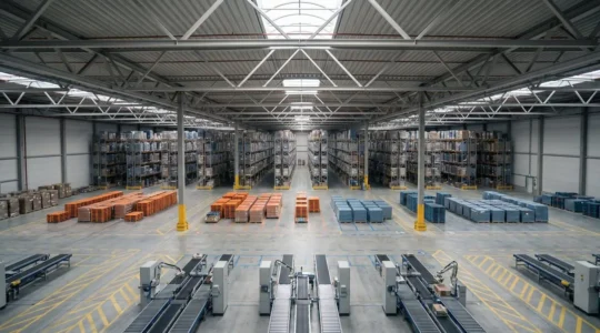 Entrepôt logistique moderne avec zones de stockage et préparation de commandes, perspective aérienne