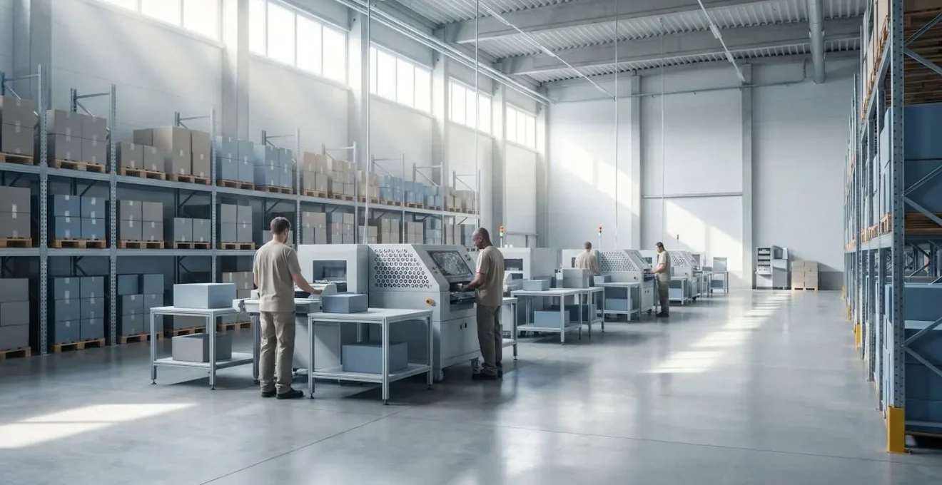 Vue d'un entrepôt logistique moderne spécialisé dans le co-packing avec flux de conditionnement optimisés