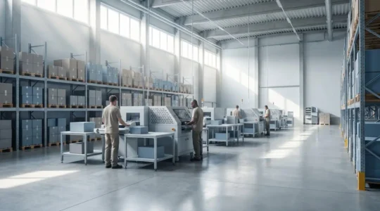 Vue d'un entrepôt logistique moderne spécialisé dans le co-packing avec flux de conditionnement optimisés