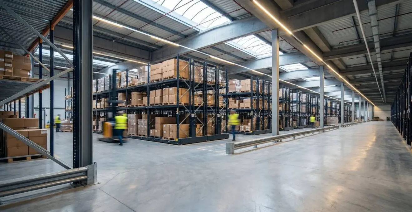 Vue d'un entrepôt logistique moderne avec flux de marchandises organisés pour absorber une forte croissance