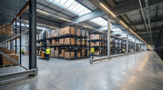 Vue d'un entrepôt logistique moderne avec flux de marchandises organisés pour absorber une forte croissance