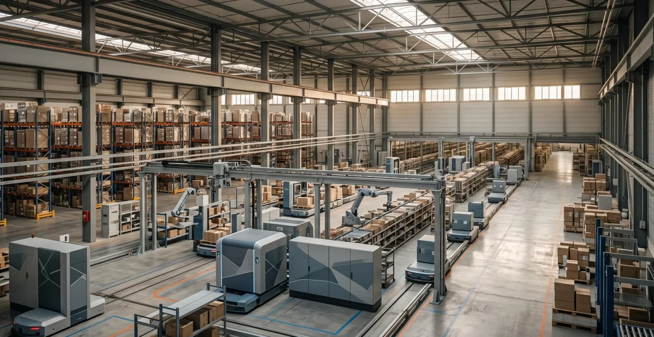 Entrepôt logistique moderne avec systèmes automatisés et technologies connectées