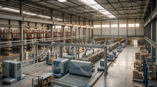 Entrepôt logistique moderne avec systèmes automatisés et technologies connectées