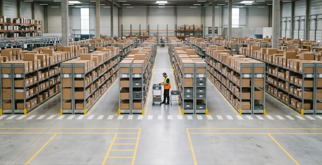Vue d'un entrepôt logistique moderne avec organisation optimisée des rayonnages et opérateurs en action