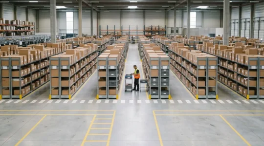 Vue d'un entrepôt logistique moderne avec organisation optimisée des rayonnages et opérateurs en action