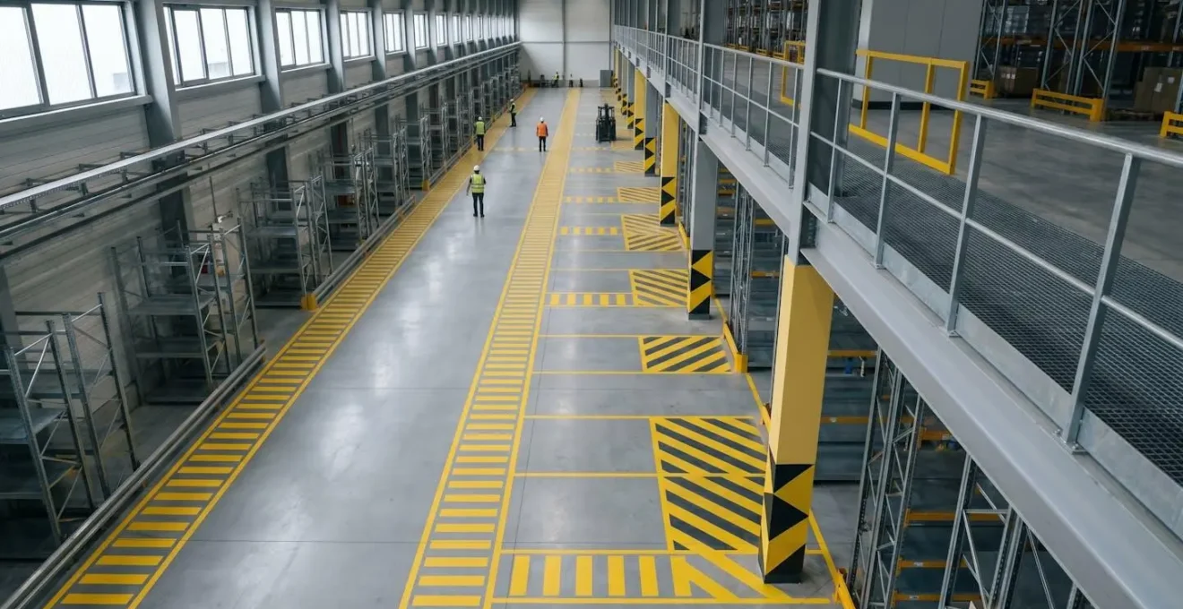 Vue aérienne d'un entrepôt logistique moderne avec allées de circulation sécurisées et zones de manutention organisées