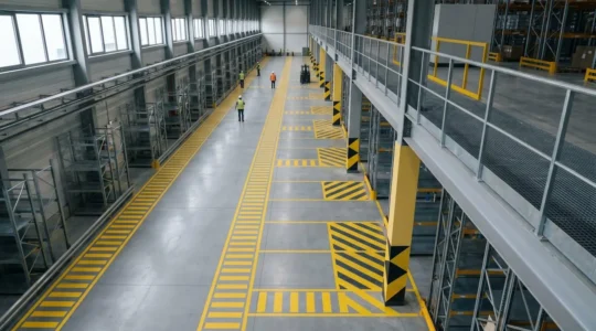 Vue aérienne d'un entrepôt logistique moderne avec allées de circulation sécurisées et zones de manutention organisées