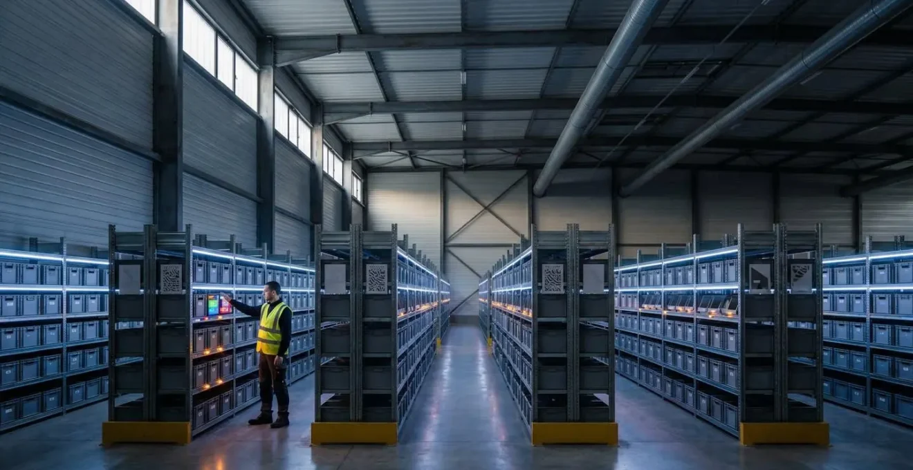 Vue d'ensemble d'un entrepôt logistique moderne avec système de guidage lumineux pour la préparation de commandes en France