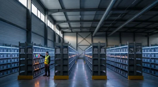 Vue d'ensemble d'un entrepôt logistique moderne avec système de guidage lumineux pour la préparation de commandes en France