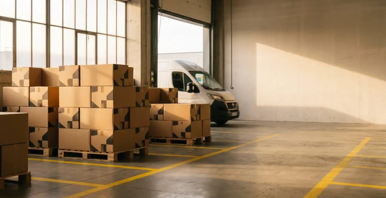 Centre logistique moderne avec zone d'expédition de colis organisée et transporteur lors d'un enlèvement