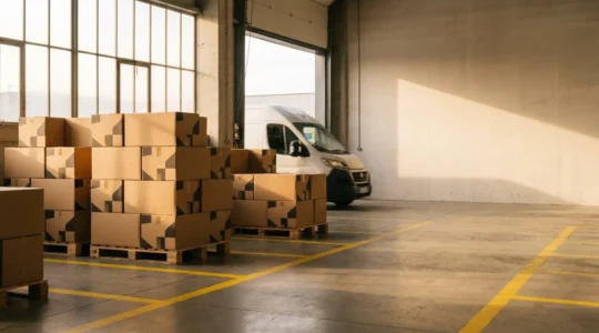 Centre logistique moderne avec zone d'expédition de colis organisée et transporteur lors d'un enlèvement