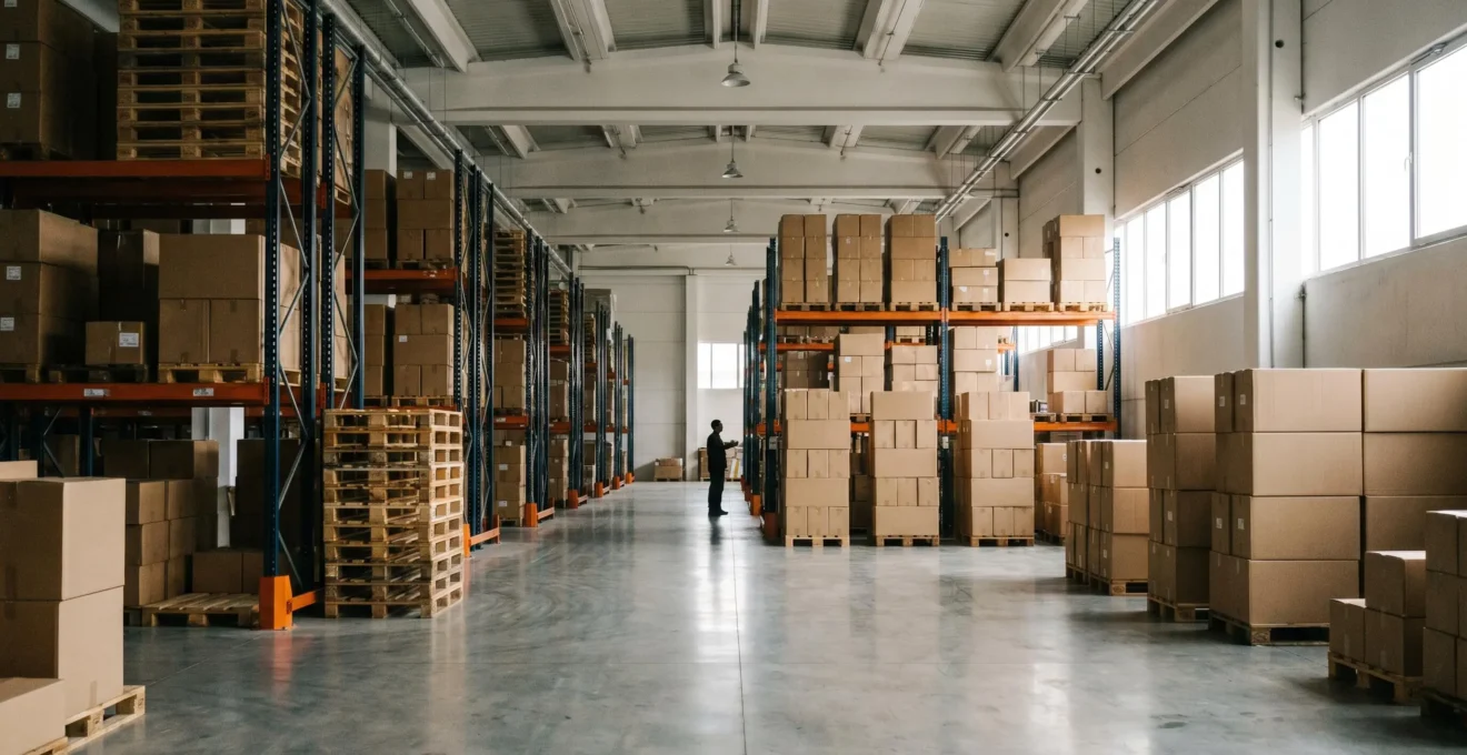 Vue grand angle d'un entrepôt logistique moderne avec étagères métalliques et flux organisés illustrant l'optimisation de la gestion des stocks