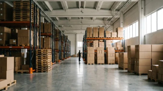 Vue grand angle d'un entrepôt logistique moderne avec étagères métalliques et flux organisés illustrant l'optimisation de la gestion des stocks