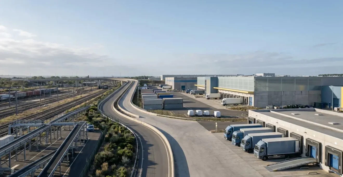 Vue aérienne d'un centre logistique moderne avec flux de marchandises et infrastructures de transport en France