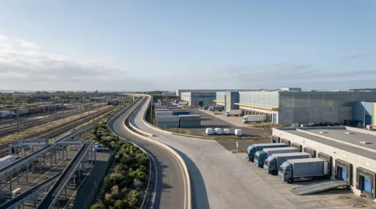 Vue aérienne d'un centre logistique moderne avec flux de marchandises et infrastructures de transport en France