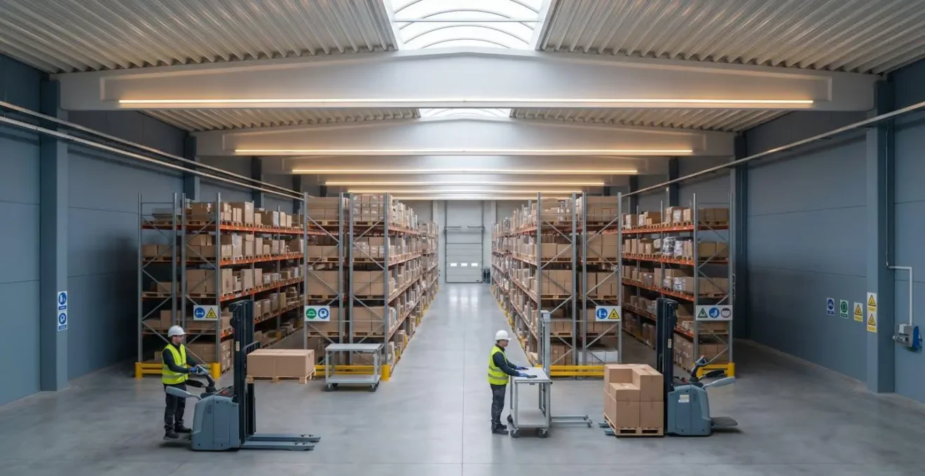Vue d'ensemble d'un entrepôt logistique moderne avec des opérateurs utilisant des équipements ergonomiques pour la préparation de commandes