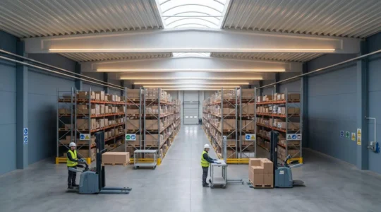 Vue d'ensemble d'un entrepôt logistique moderne avec des opérateurs utilisant des équipements ergonomiques pour la préparation de commandes