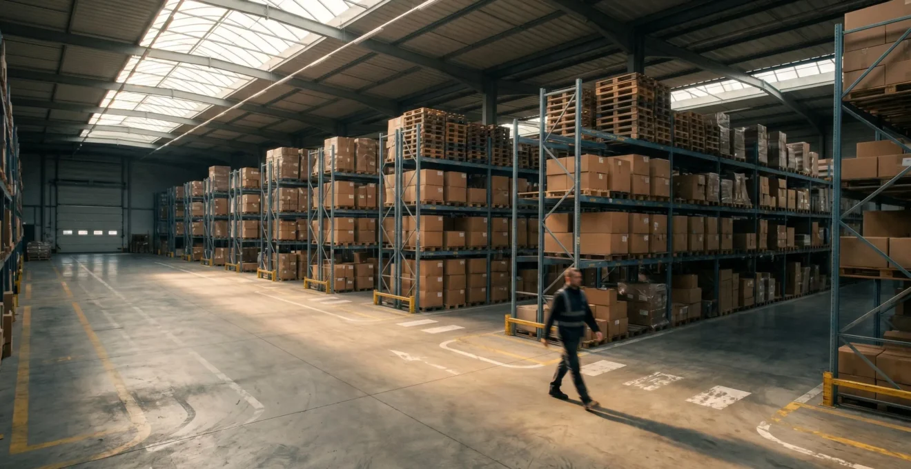 Opérateur logistique dans un entrepôt moderne optimisant ses déplacements entre les rayonnages