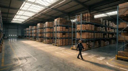 Opérateur logistique dans un entrepôt moderne optimisant ses déplacements entre les rayonnages