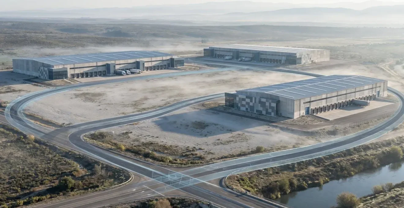 Trois plateformes logistiques interconnectées avec des flux de marchandises synchronisés