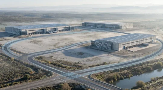 Trois plateformes logistiques interconnectées avec des flux de marchandises synchronisés