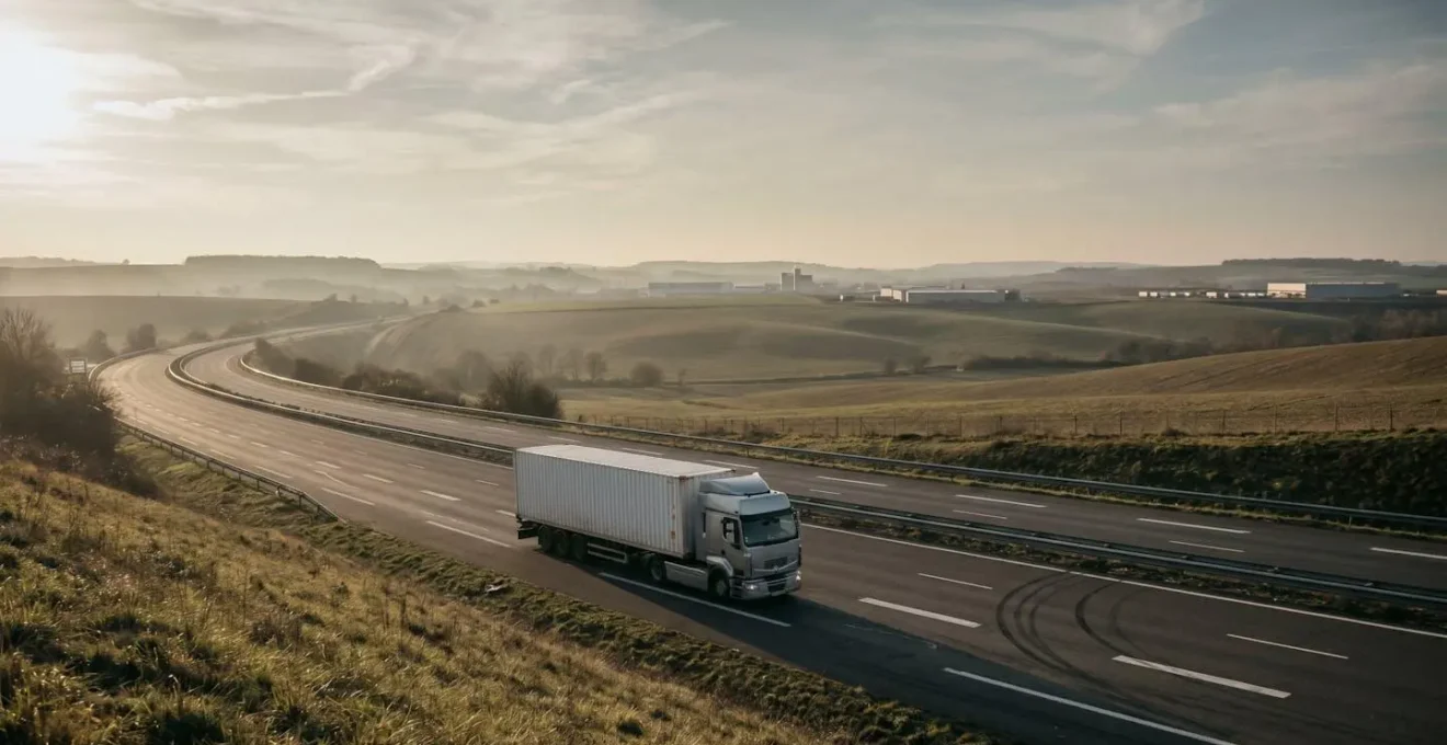 Camion de transport de marchandises sur autoroute française dans un environnement logistique moderne