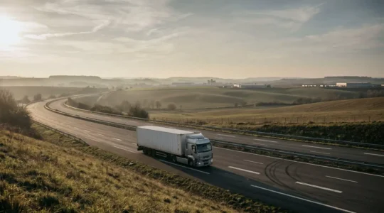 Camion de transport de marchandises sur autoroute française dans un environnement logistique moderne