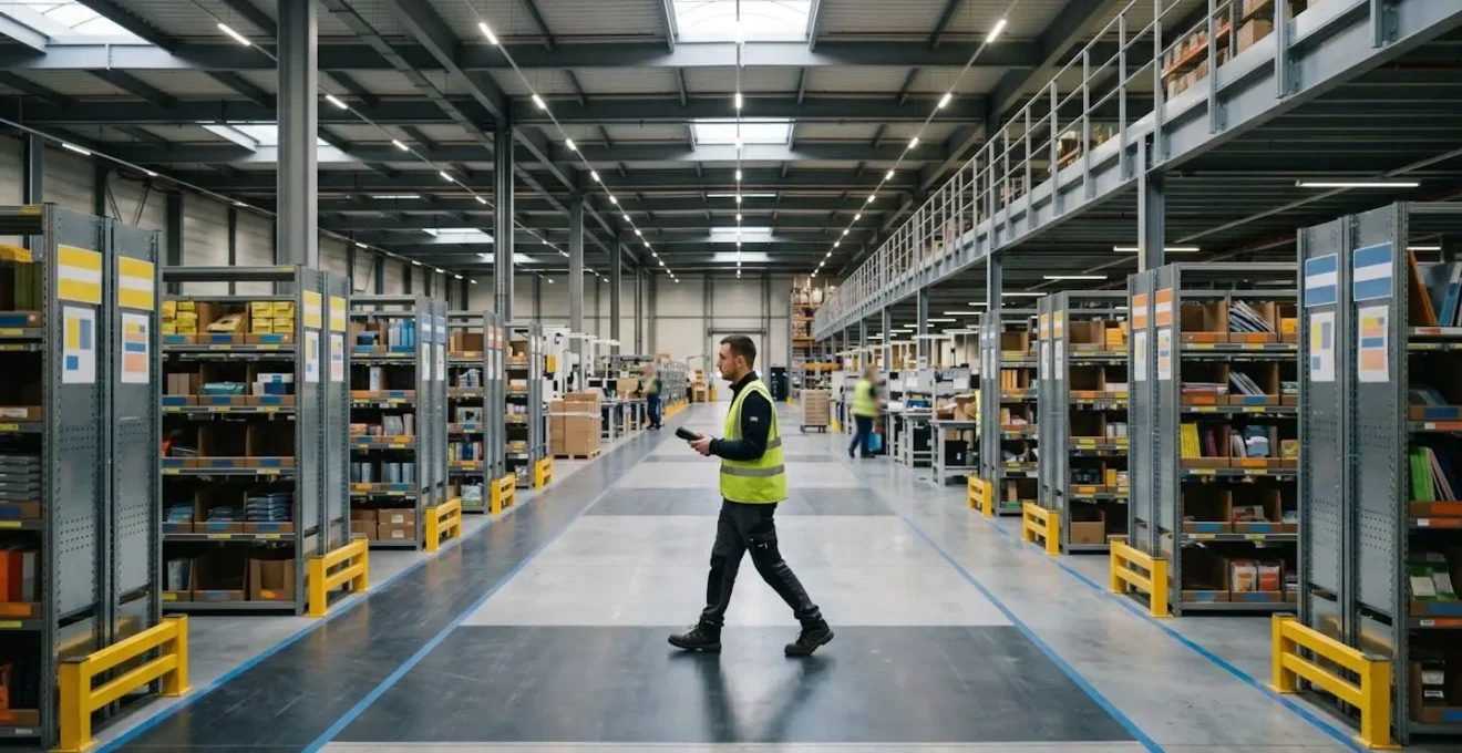 Vue d'entrepôt logistique moderne avec optimisation des flux de préparation de commandes
