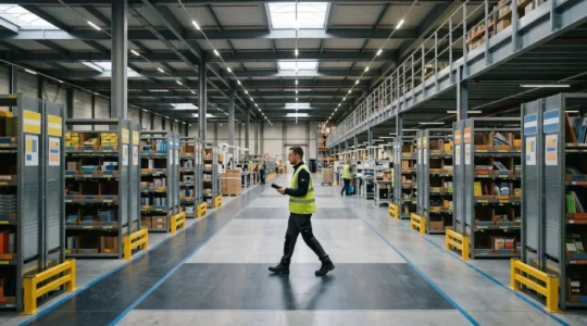 Vue d'entrepôt logistique moderne avec optimisation des flux de préparation de commandes