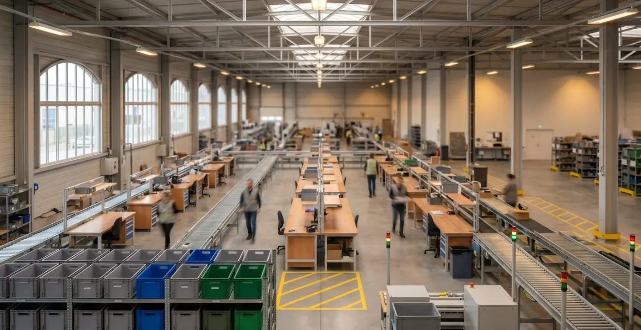 Entrepôt logistique moderne avec système de préparation de commandes parallèle, flux organisé et éclairage indirect