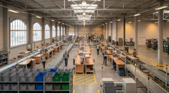 Entrepôt logistique moderne avec système de préparation de commandes parallèle, flux organisé et éclairage indirect