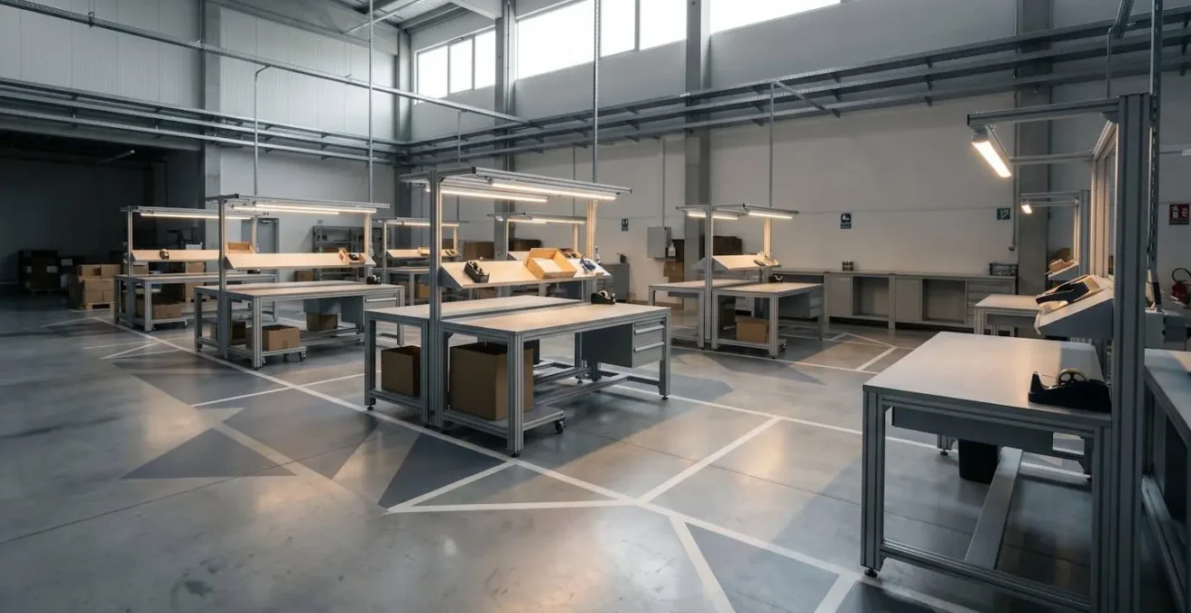 Vue large d'une zone d'emballage moderne dans un entrepôt logistique avec postes ergonomiques et flux optimisés