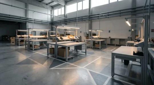Vue large d'une zone d'emballage moderne dans un entrepôt logistique avec postes ergonomiques et flux optimisés