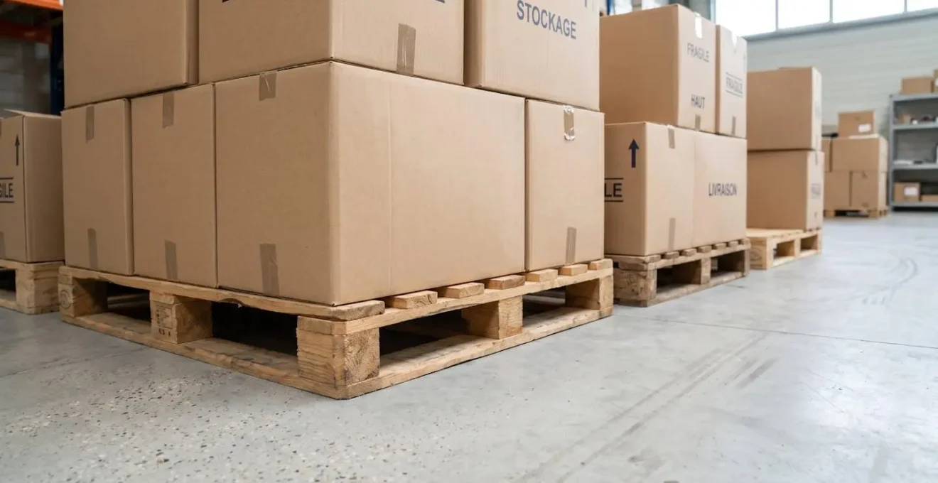 Cartons de déménagement empilés sur palettes en bois montrant l'espace de ventilation de 10-15cm sous les cartons
